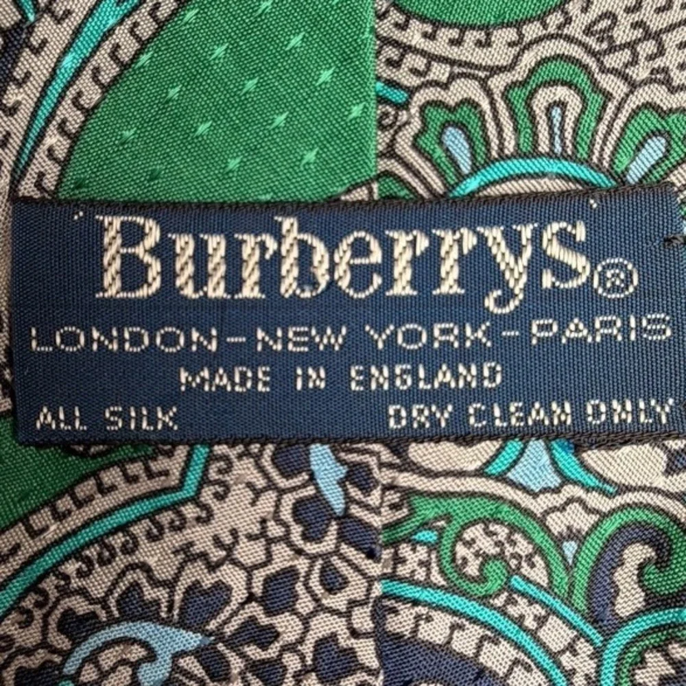 Vintage Burberry Silk Paisley Tie Green & Blue Made in England Quiet Luxury Work - Picture 4 of 7